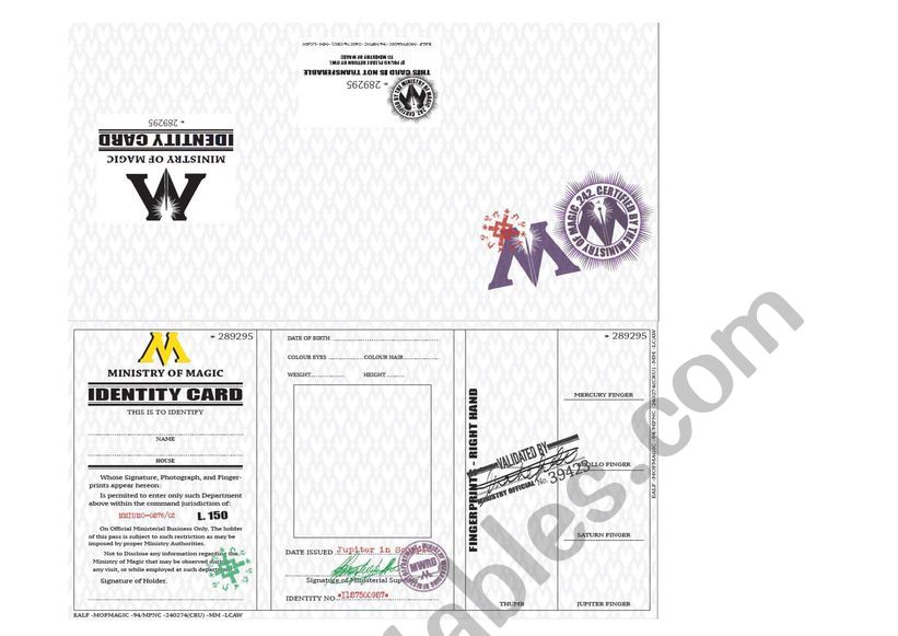 Hogwarts ID card template worksheet