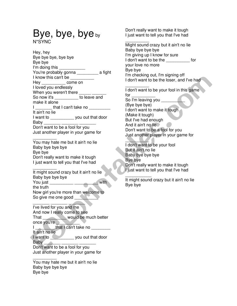 Bye bye bye - N�sync worksheet