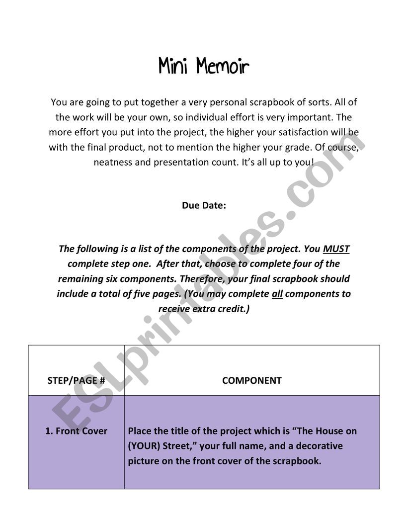 Mini Memoir worksheet