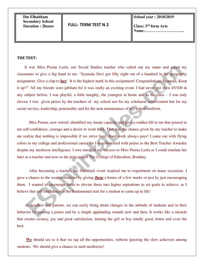 full- term 3 test 3rd form worksheet