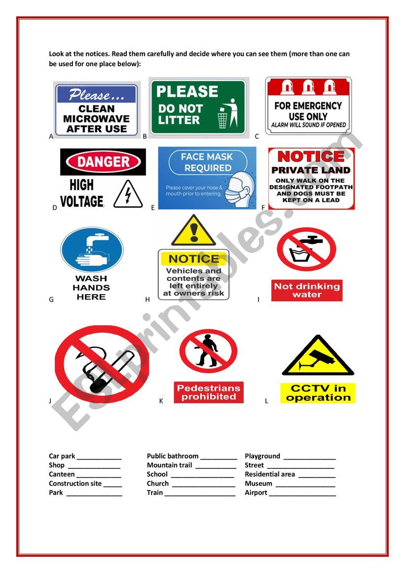 Signs and notices worksheet