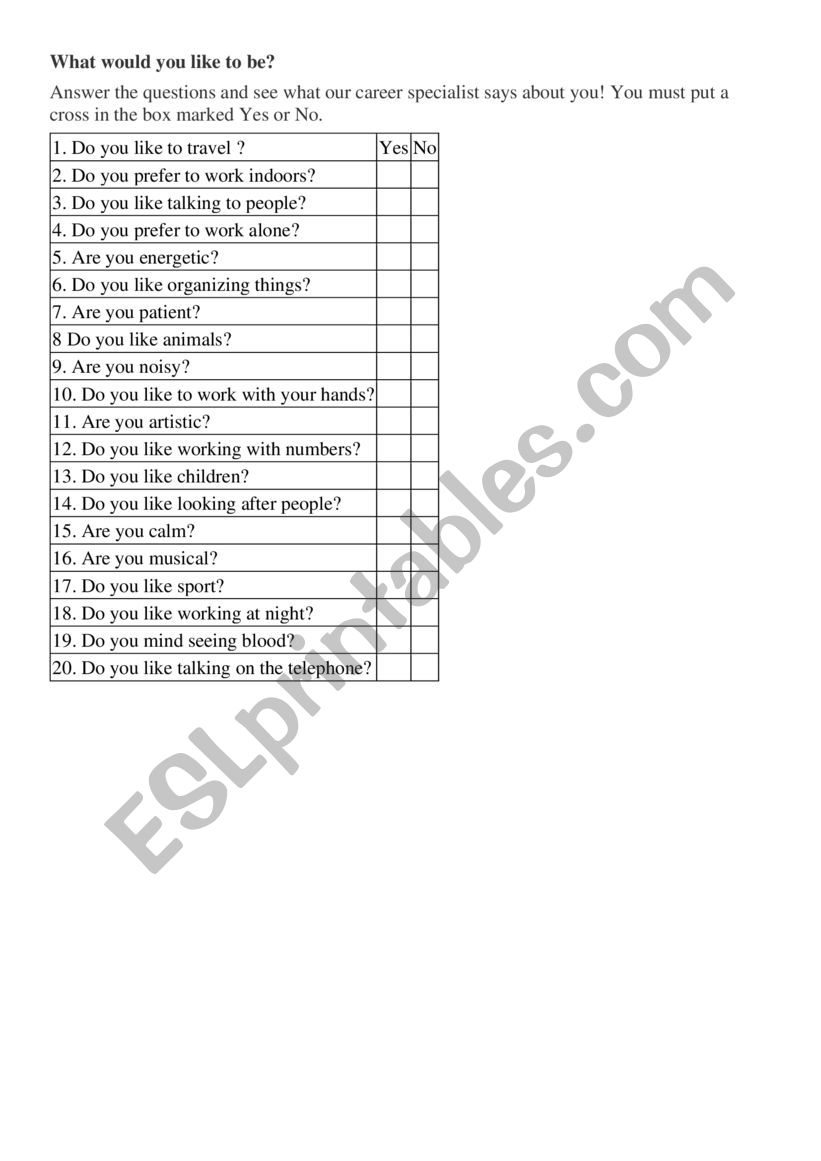 What would you like to be? worksheet