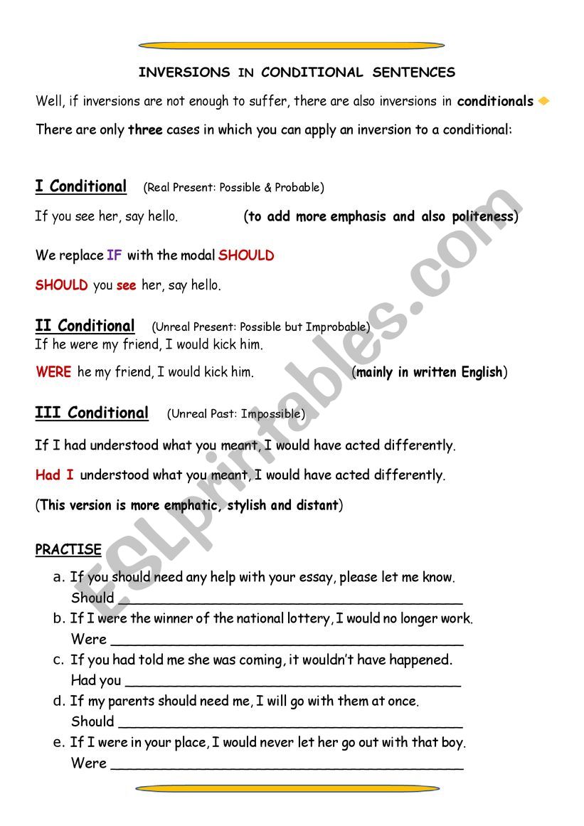 Inversion in Conditionals worksheet