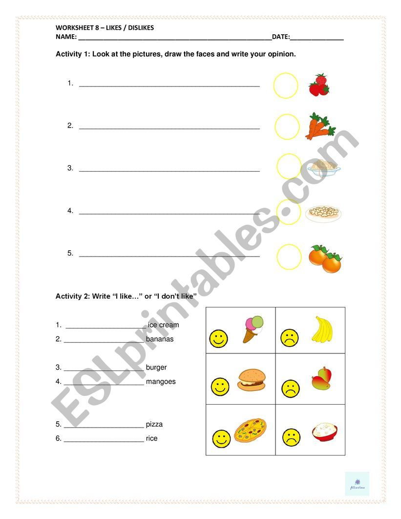 Likes and Dislikes worksheet