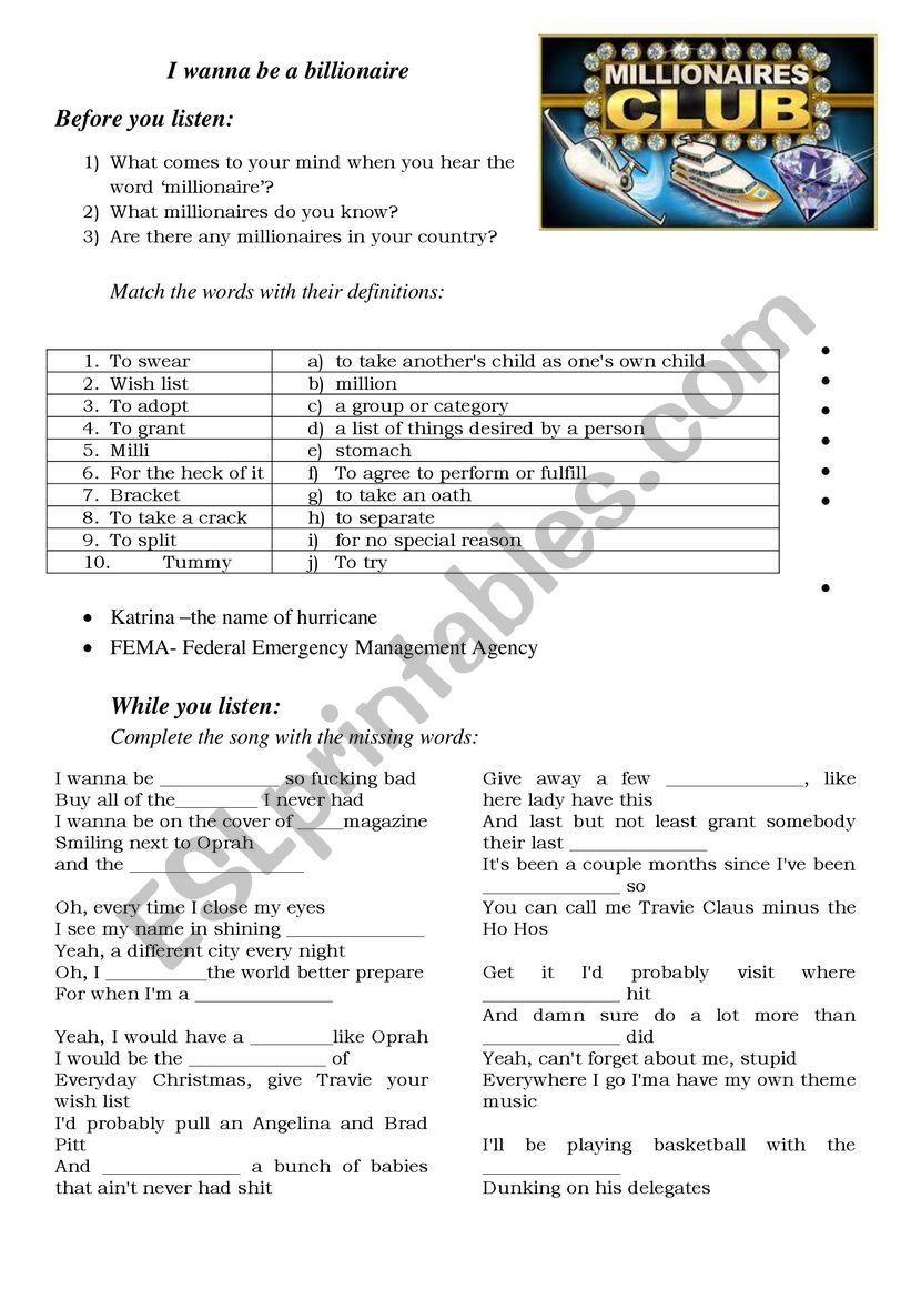 Billionaire by Bruno Mars worksheet