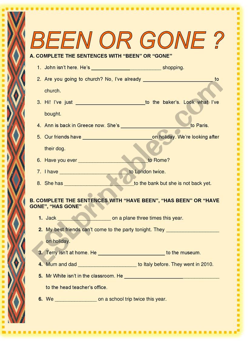 been-gone worksheet