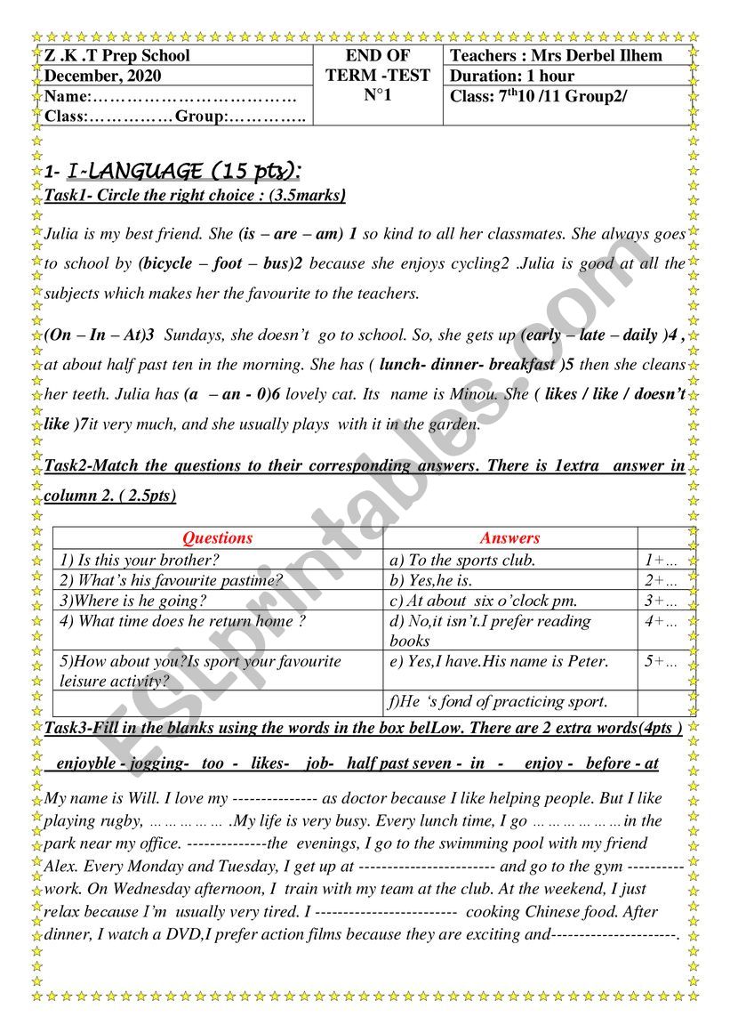 7th form exam worksheet