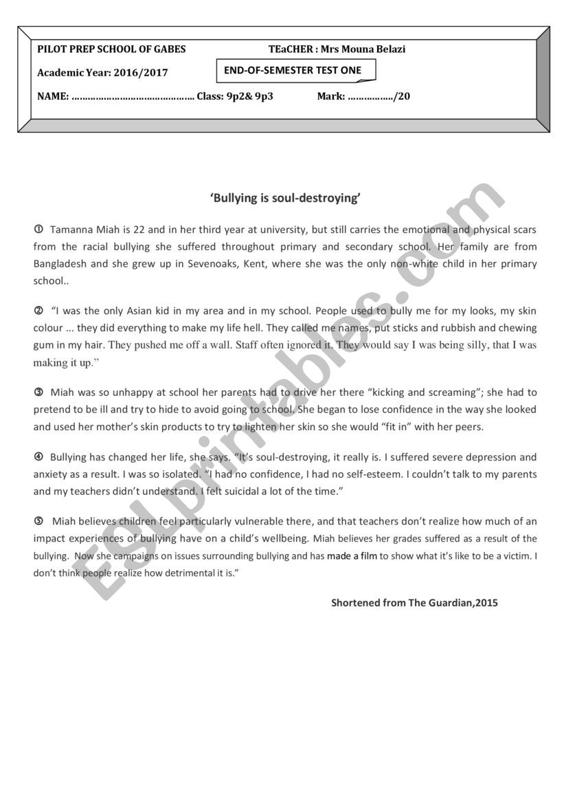 9th form exam worksheet