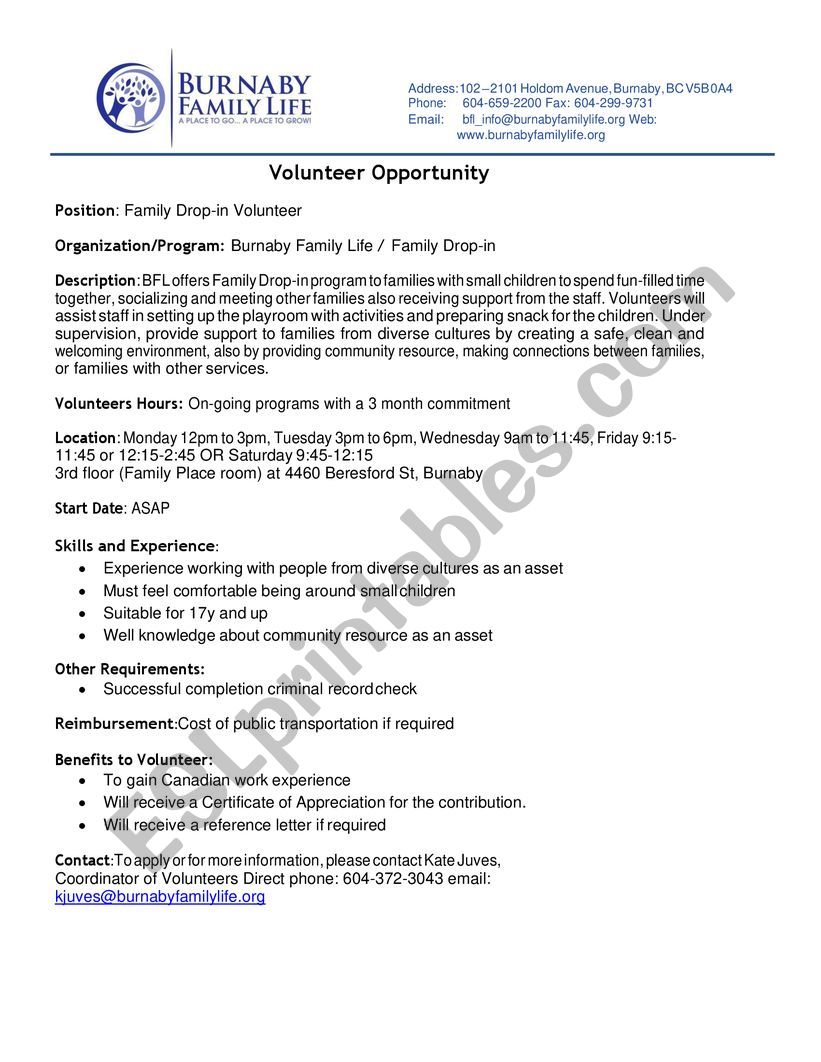 Reading: Volunteer Ad worksheet