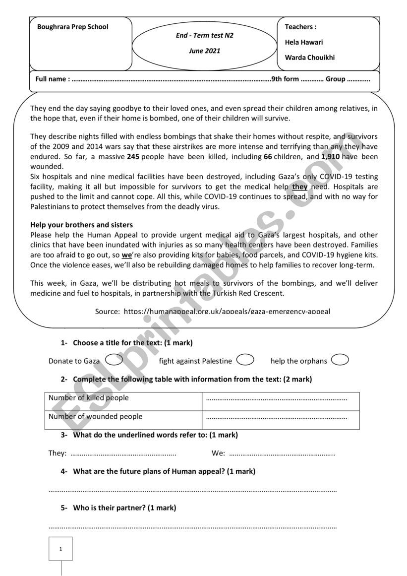 9th form End- term test N2 worksheet