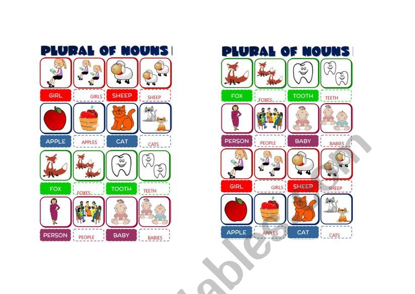 plurals of nouns bingo worksheet