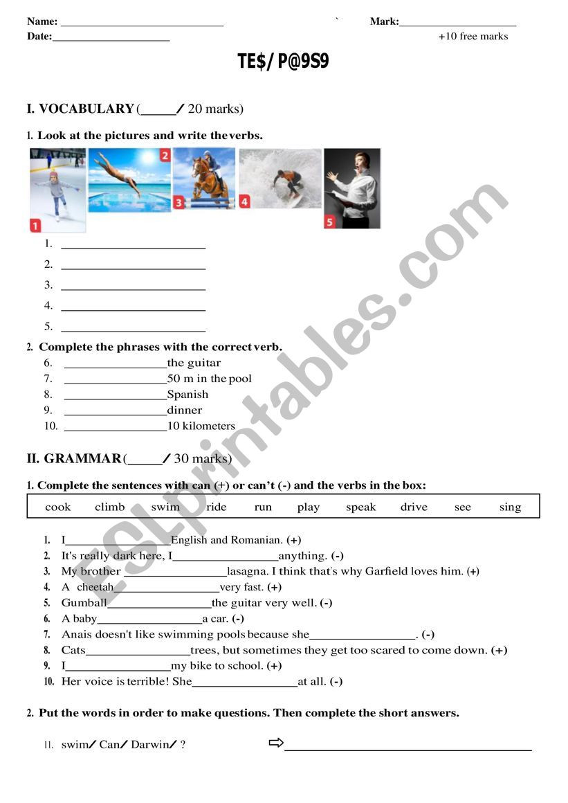 Can/Can�t Test Paper worksheet