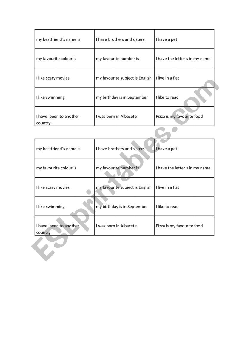 BINGO CONVERSATION GAME worksheet