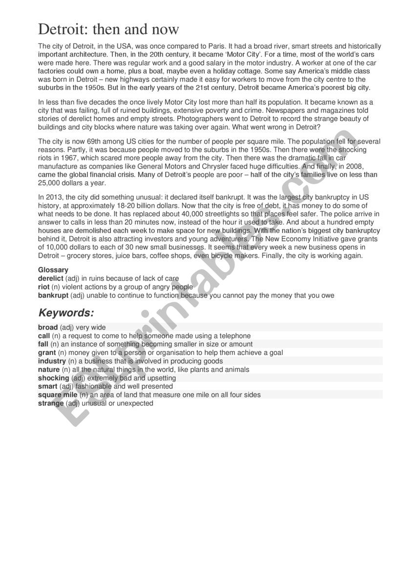 Detroit text and exercises worksheet