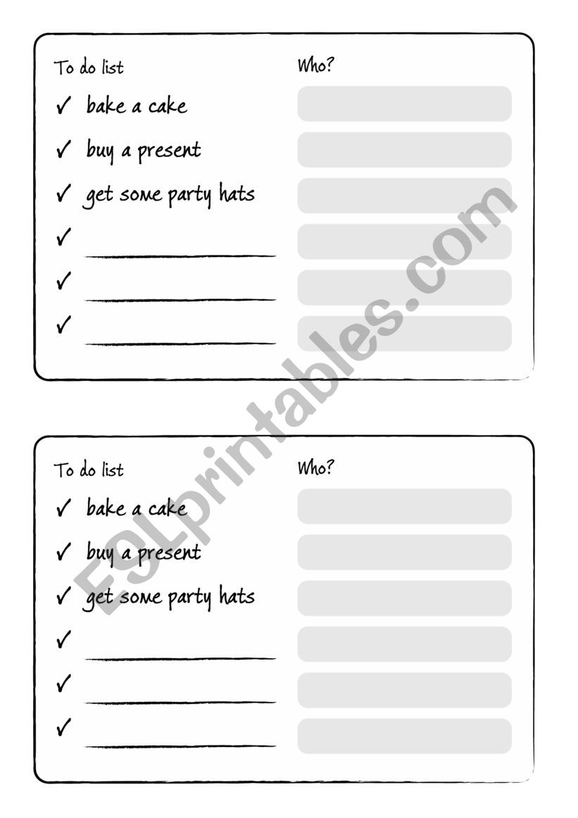 Birthday party - to do list worksheet