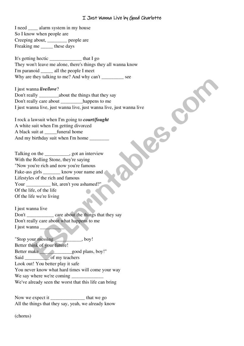 I Just Wanna Live by Good Charlotte - ESL worksheet by Easilyhope