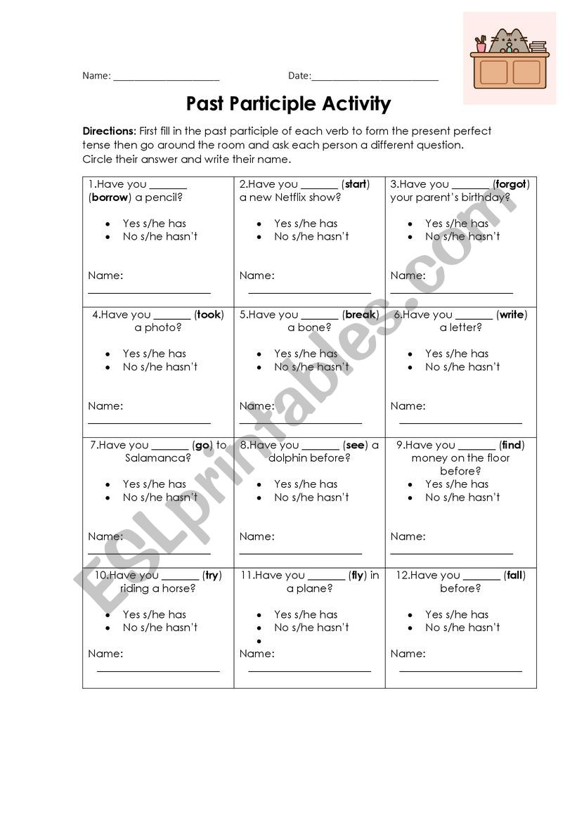 Past Participle Worksheet worksheet