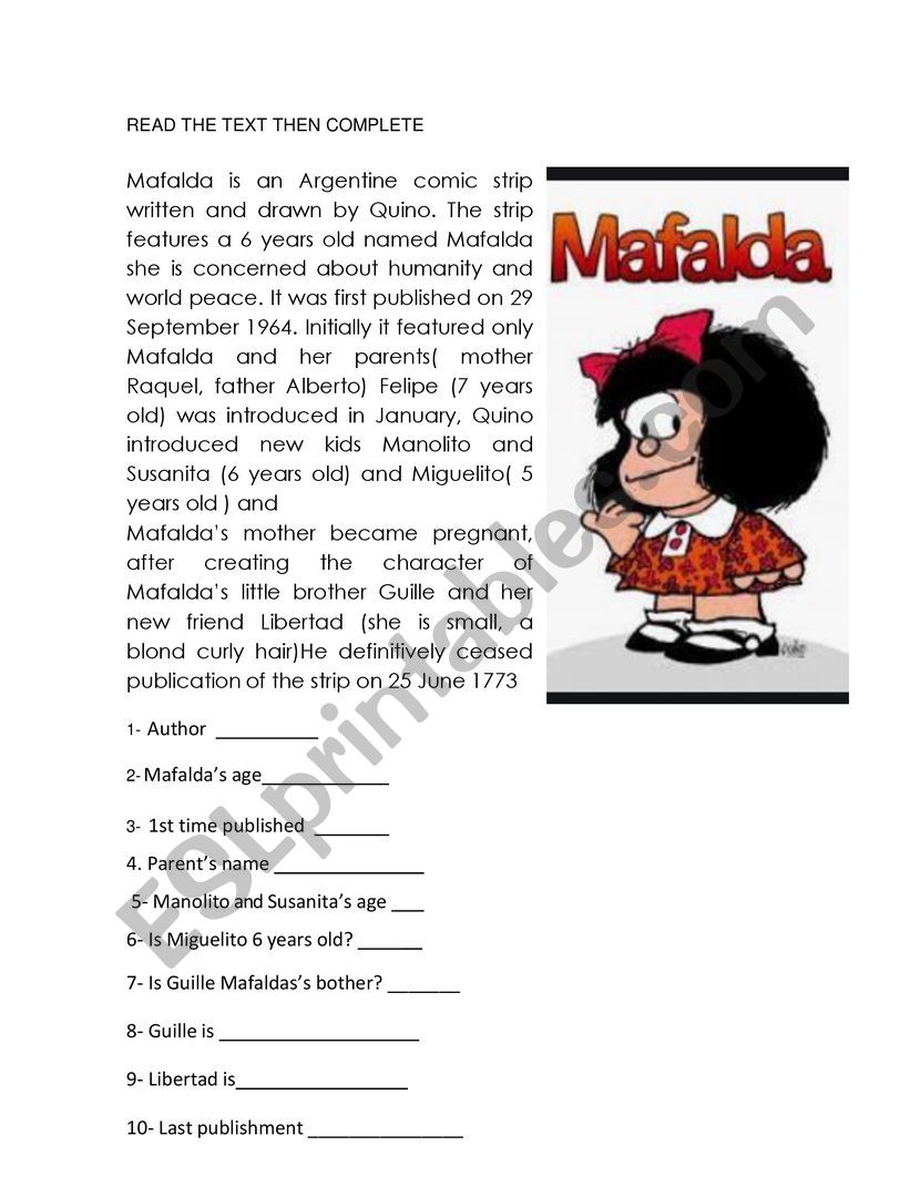 Mafalda biography worksheet