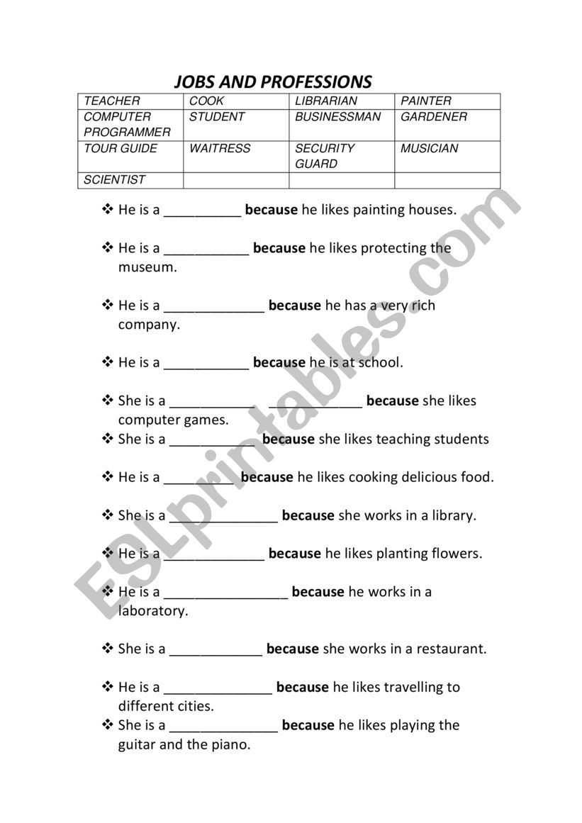 PROFESSIONS worksheet