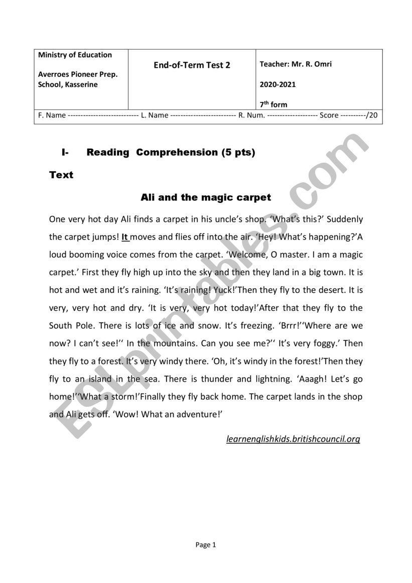 7th Form Comprehensive Test 2 (Tunisian Curriculum) 2021