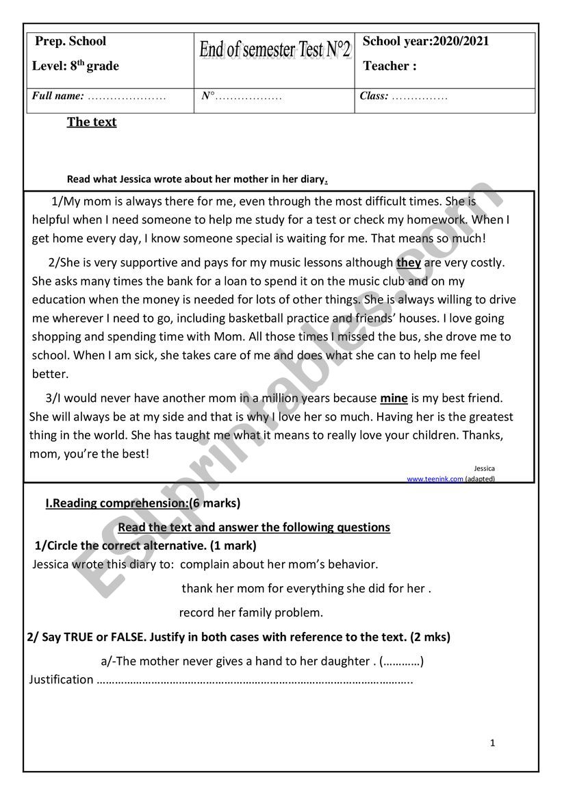 End of semester test n°2 8th form - ESL worksheet by oumaima