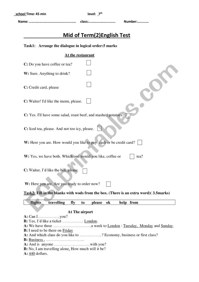 mid term test 7th form worksheet