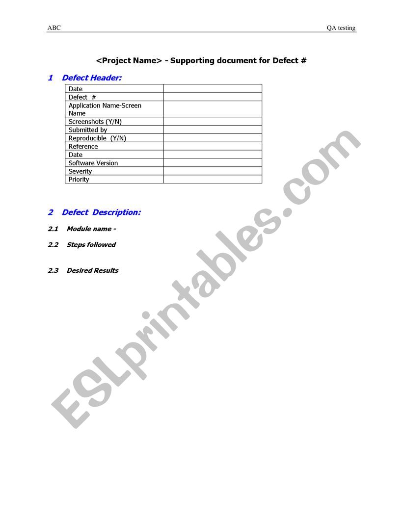 Defect Report Template worksheet