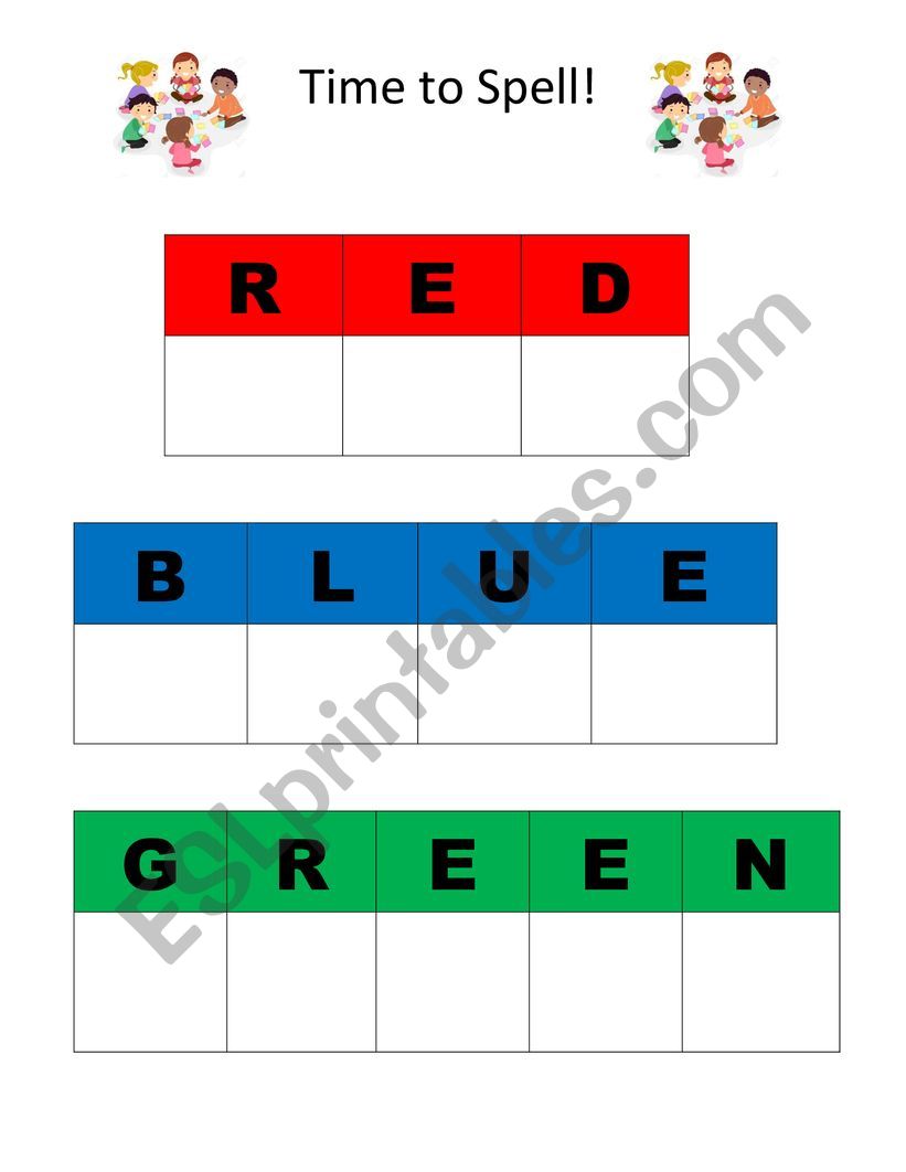 Spelling - Colours: Red, blue and Green