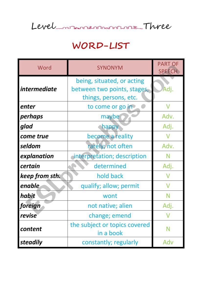 Word List worksheet