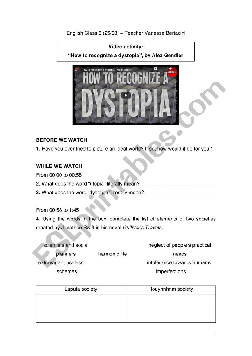 How to recognize a dystopia - ESL worksheet by VBertacini