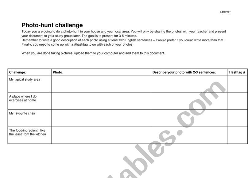 Photo hunt challenge worksheet