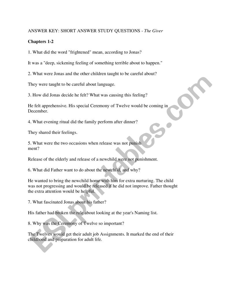 The Giver worksheet