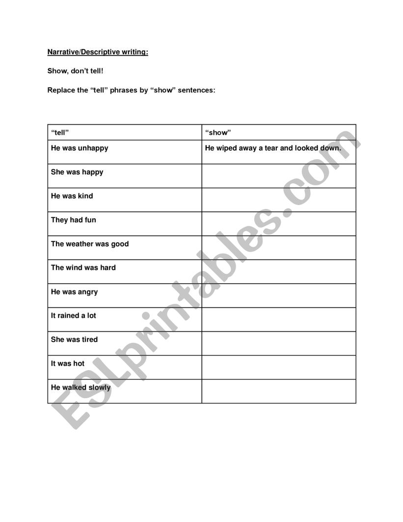 Narrative/Descriptive writing worksheet