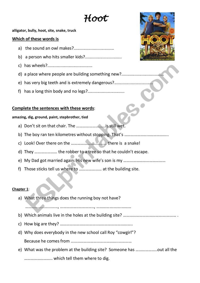 Hoot worksheet -film worksheet