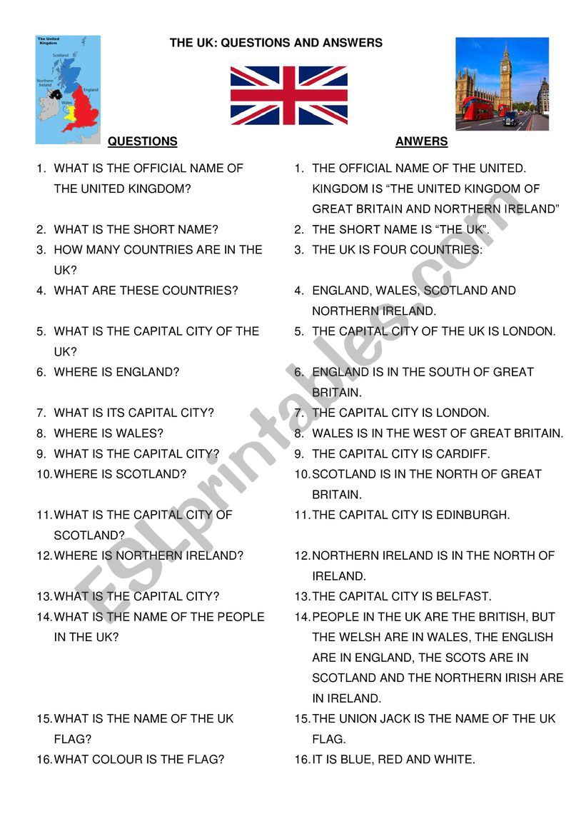 THE UK QUESTIONS AND ANSWERS worksheet