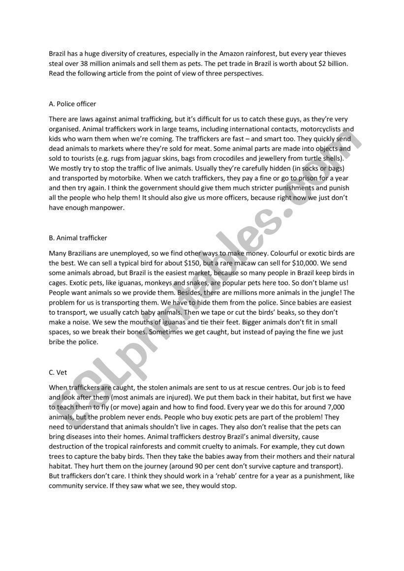 Animal trafficking worksheet