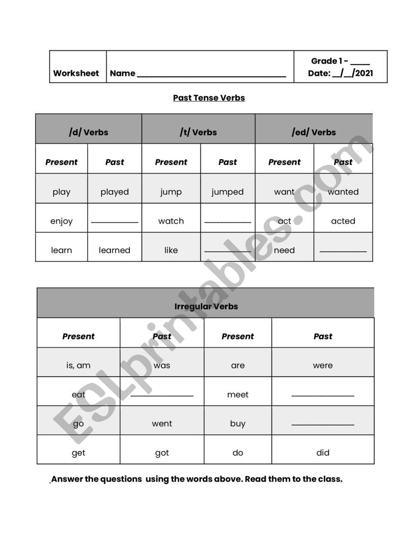 Past Tense Verbs Worksheet worksheet