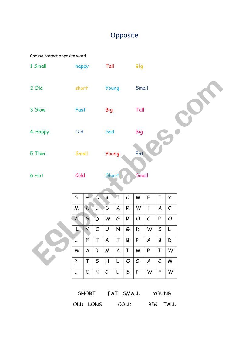 Opposites worksheet