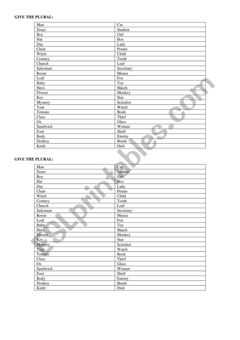 Plurals worksheet