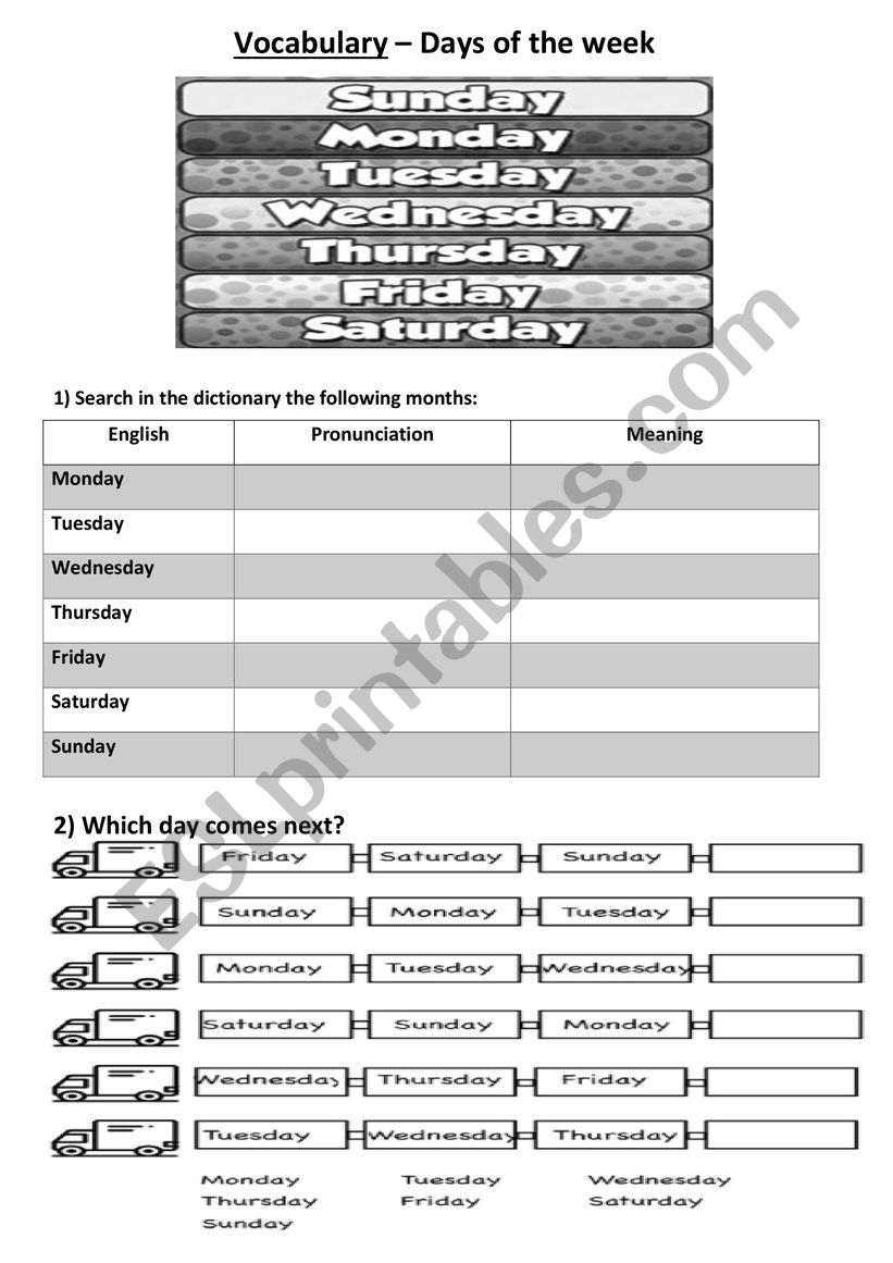 days of the week worksheet