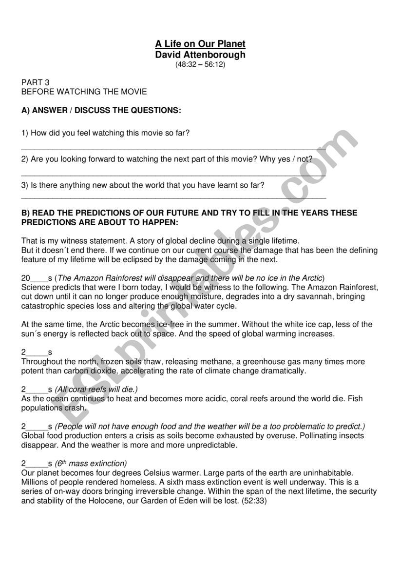 A Life on Our Planet part 3 worksheet