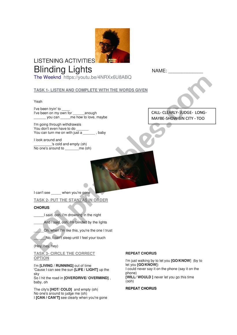 BLINDING LIGHTS WORKSHEET worksheet