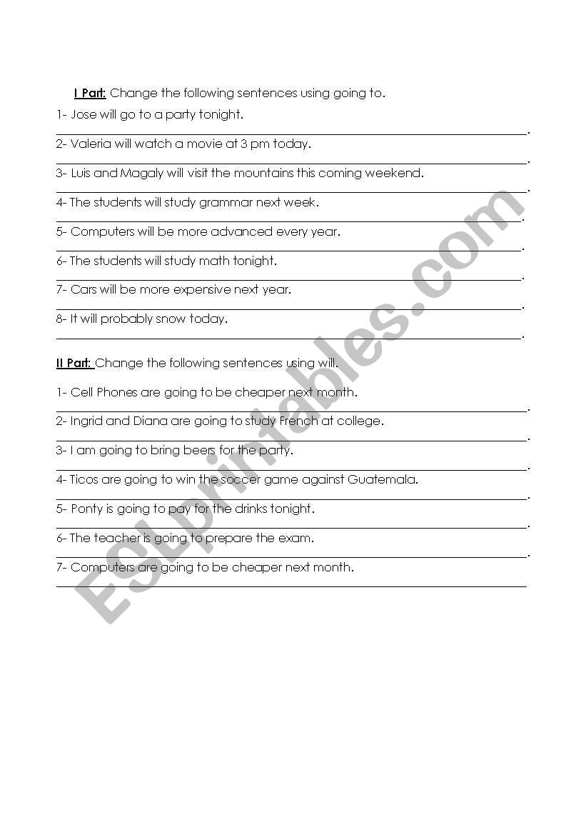 going to and will worksheet