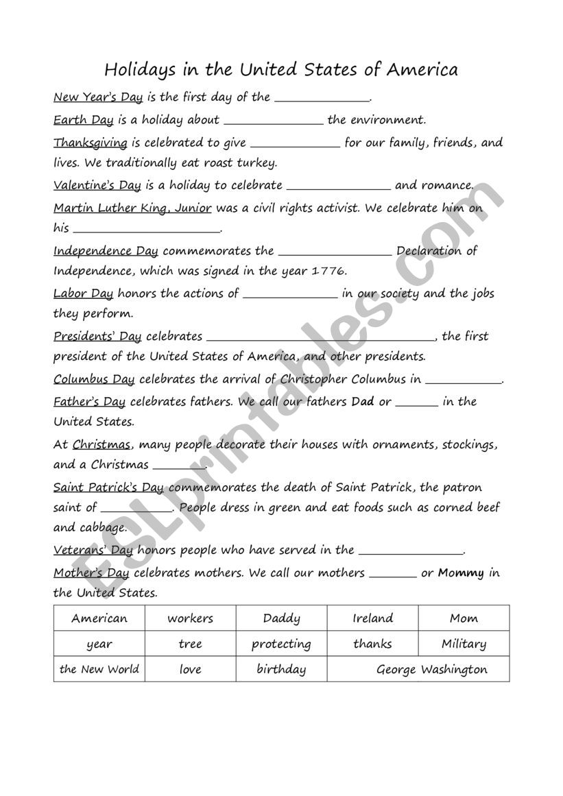 Bank Holidays worksheet