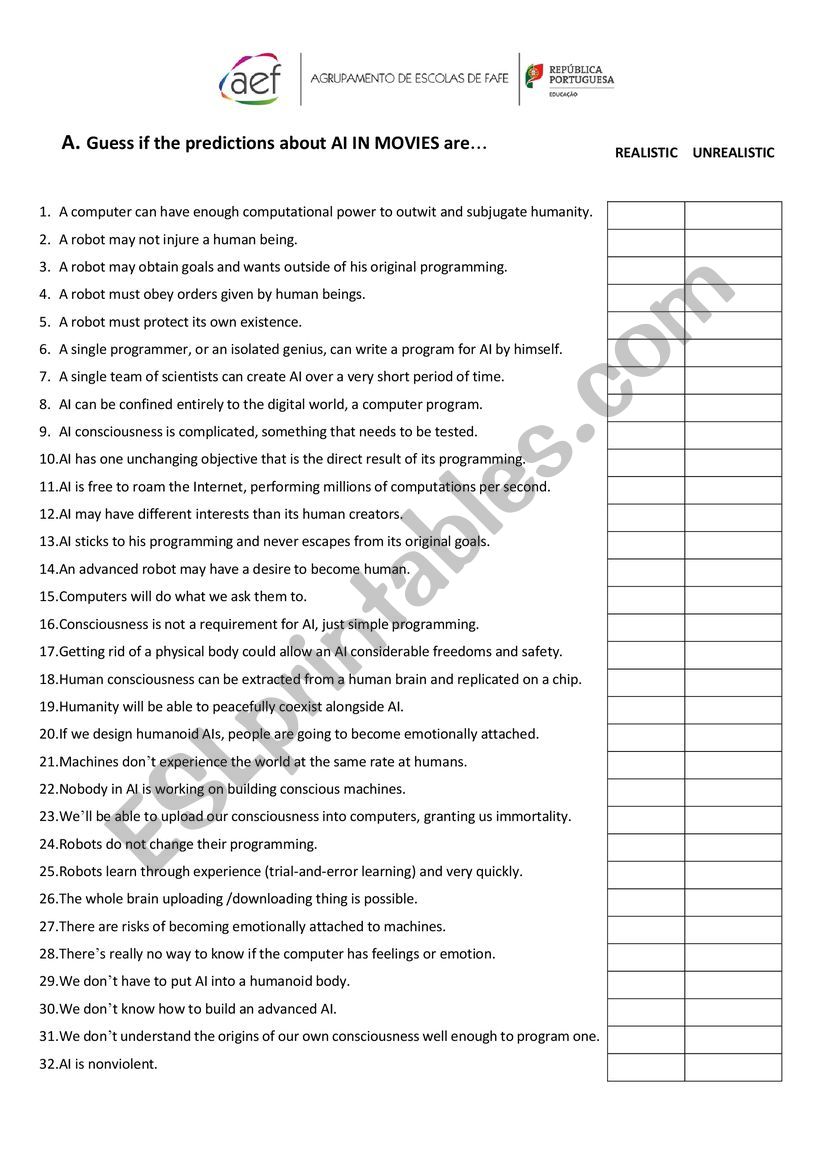 Robots and Movies worksheet