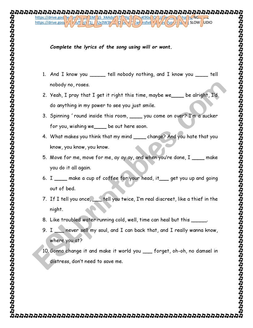 WILL AND WONT in songs worksheet