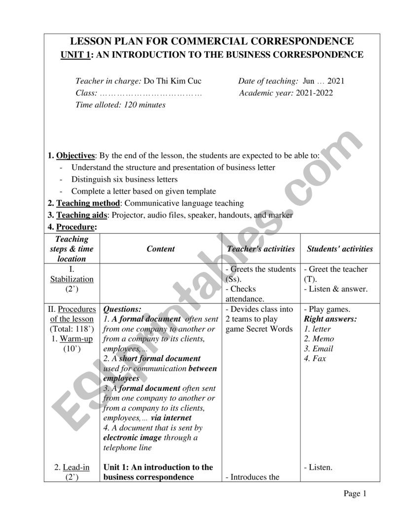 Lesson Plan Chapter 1: Business Correspondence 