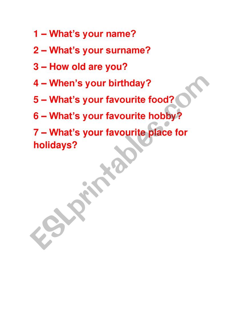 Personal Questions worksheet