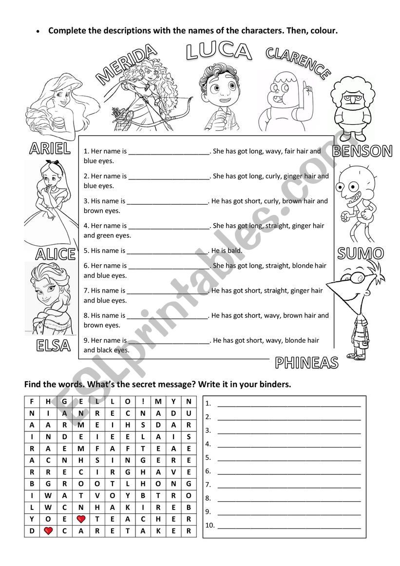 Physical Description - Jobs worksheet