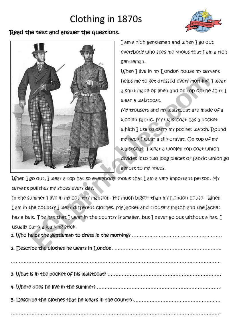 Clothing in 1870s worksheet